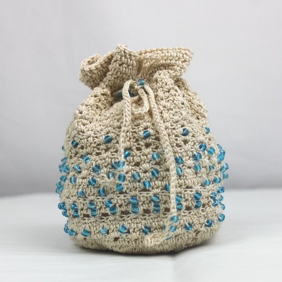 Blue Glass Beaded Cream Crochet Drawstring Pouch Bag - Picture 4 of 7